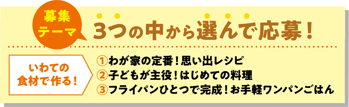 募集テーマ 3つの中から選んで応募!いわての食材で作る!①わが家の定番!思い出レシピ、②子どもが主役!はじめての料理、③フライパンひとつで完成!お手軽ワンパンごはん